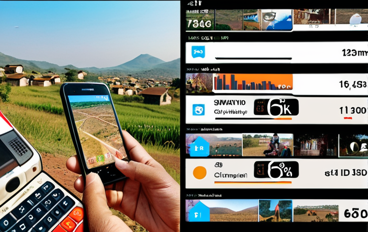 **A vibrant collage showcasing the evolution of mobile technology in Eswatini. Start with a grainy, analog phone from the 1G era in the background, fading into a sleek smartphone streaming HD video representing 4G. Include subtle imagery of rural landscapes juxtaposed against modern cityscapes to illustrate the network coverage challenges. The overall tone should be optimistic and forward-looking, hinting at the potential of 5G. Arabic script subtly integrated into the background.**